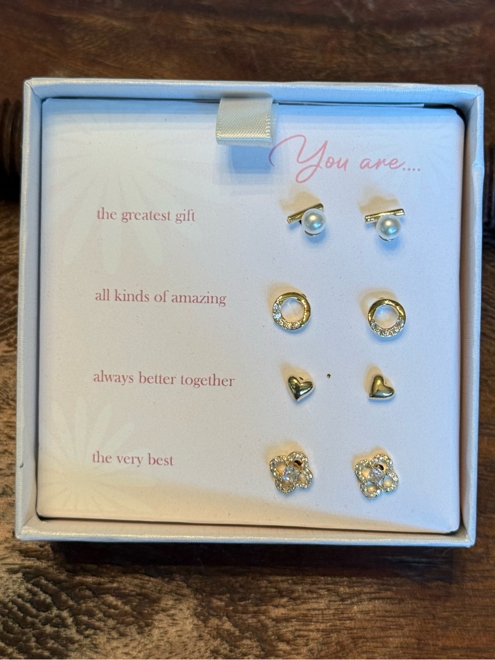 Gold Tone Pearl and Crystal Stud Earring Set - 4 Pairs (includes a cute gift box
